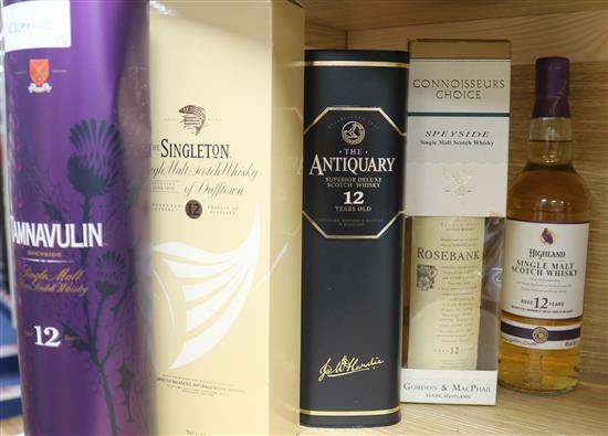 Five assorted bottles of whisky: Tamnavulin 12yo, Highland 12yo, Rosebank 12yo, The Antiquary 12yo,